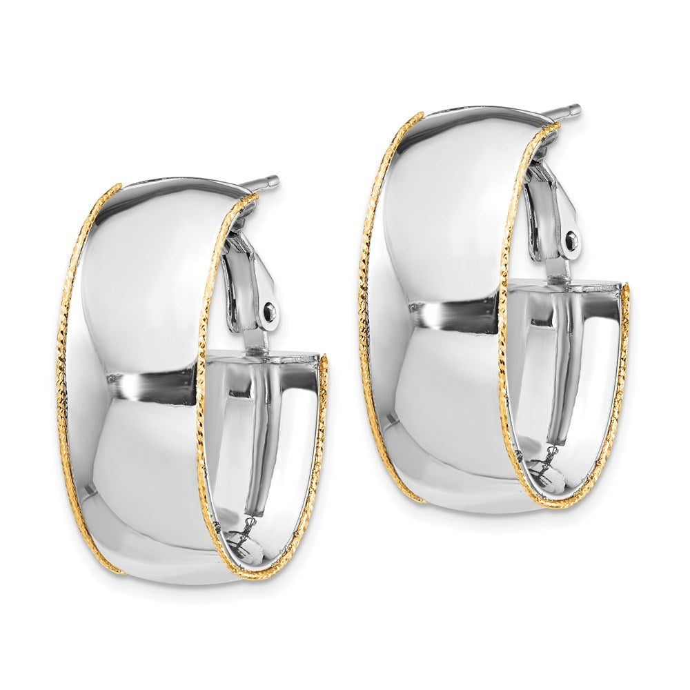 14K White Gold 9.5mm Polished with Yellow Gold Diamond-cut wire Accent Oval Hoop Earrings