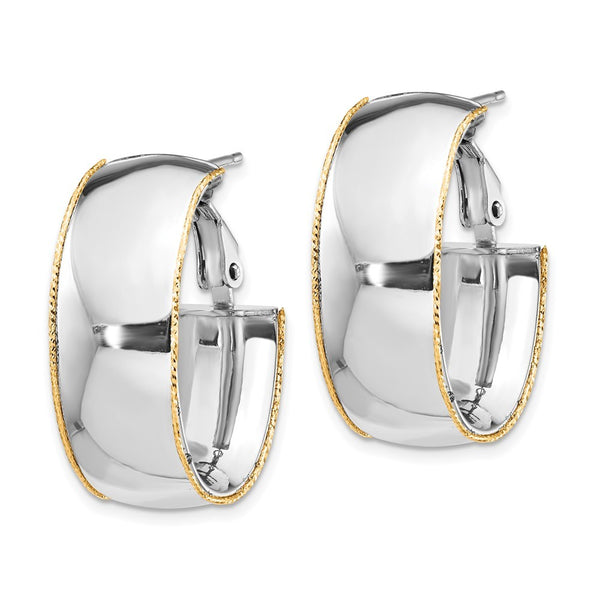 14K White Gold 9.5mm Polished with Yellow Gold Diamond-cut wire Accent Oval Hoop Earrings