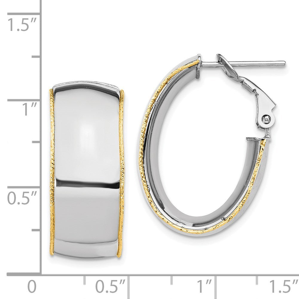 14K White Gold 9.5mm Polished with Yellow Gold Diamond-cut wire Accent Oval Hoop Earrings