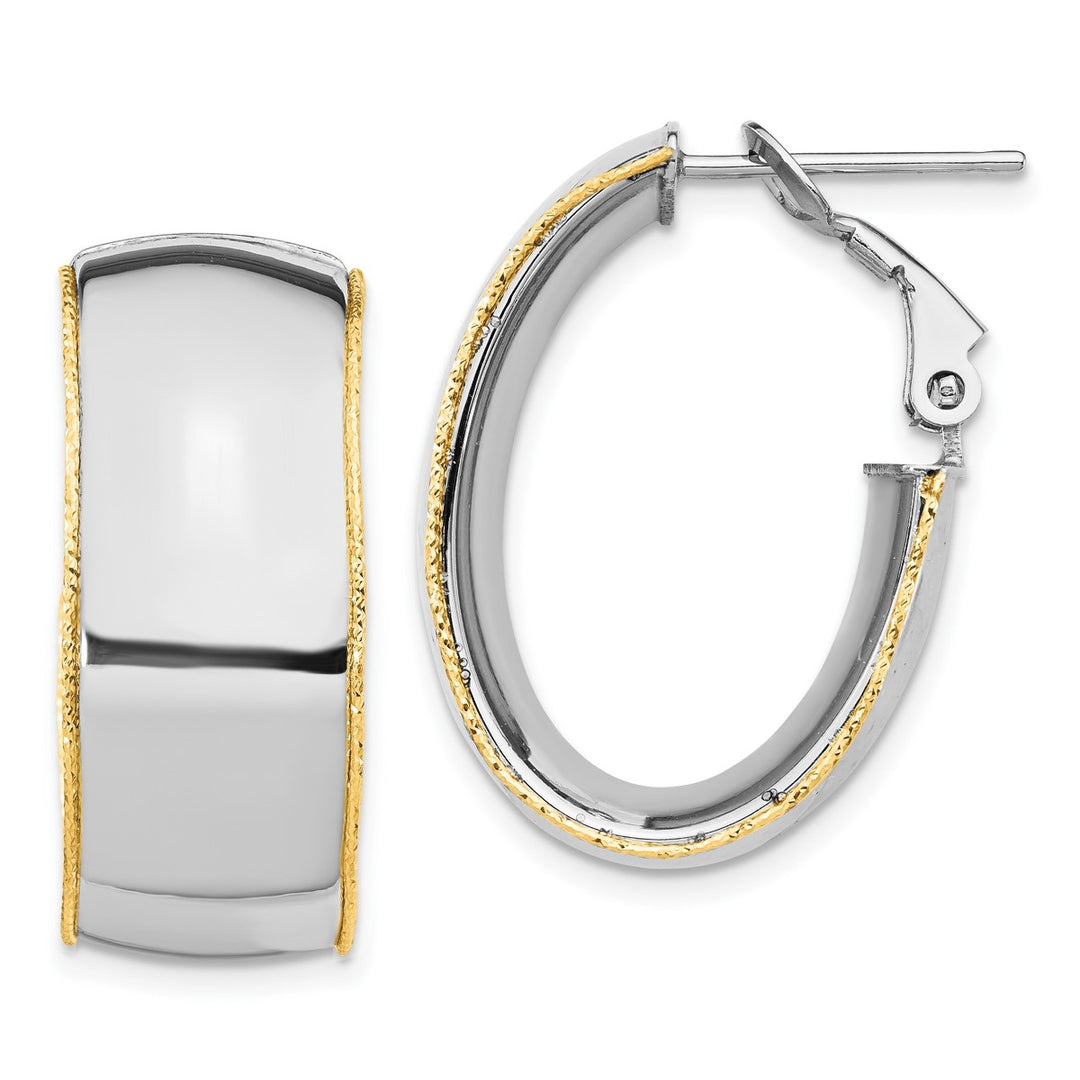 14K White Gold 9.5mm Polished with Yellow Gold Diamond-cut wire Accent Oval Hoop Earrings