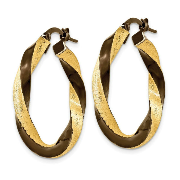 14K Yellow Gold & Brown Rhodium 3.75mm Twisted Hoop Earrings  20mm length