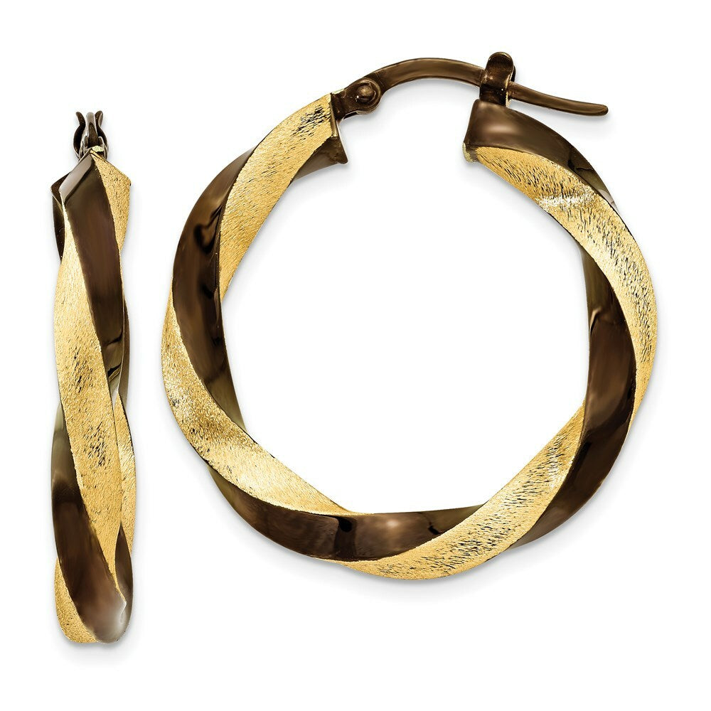 14K Yellow Gold & Brown Rhodium 3.75mm Twisted Hoop Earrings  20mm length