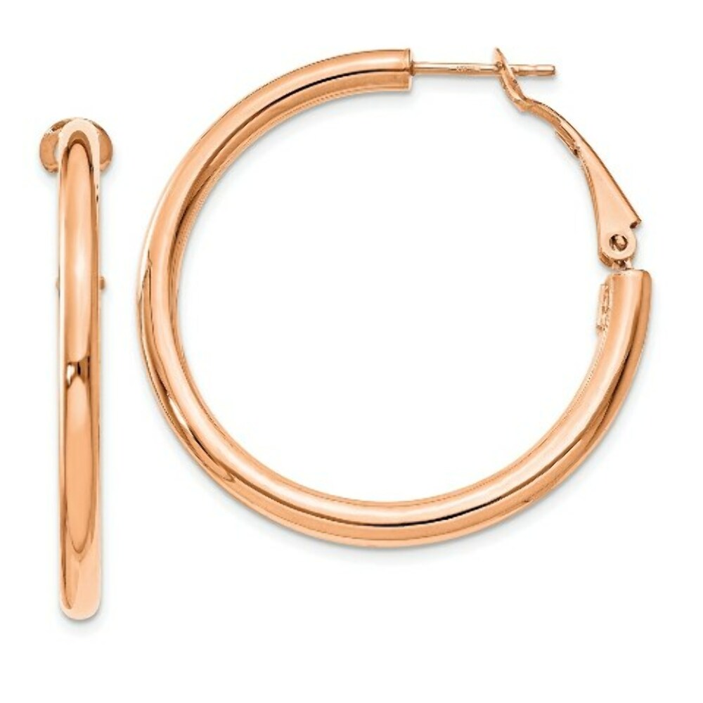 14K Rose Gold 3x30mm Polished Round Omega Back Hoop Earrings