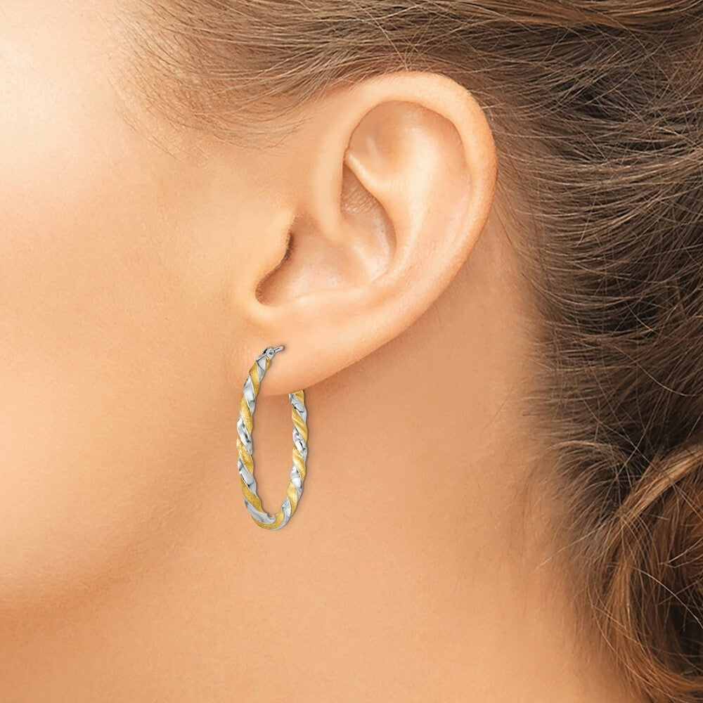 14K Yellow Gold & Rhodium Twisted Hoop Earrings  18mm length