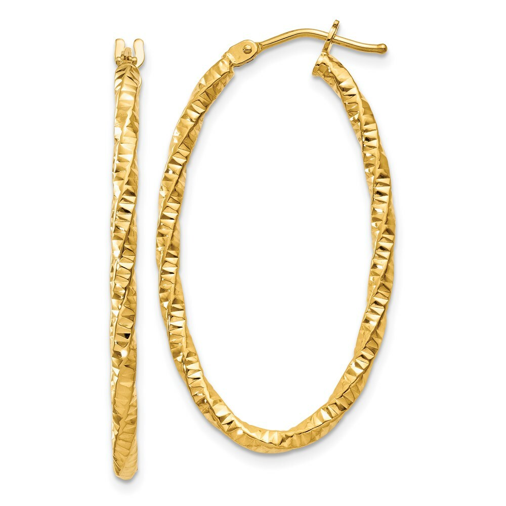 14K Yellow Gold Textured Oval Hoop Earrings  15mm length