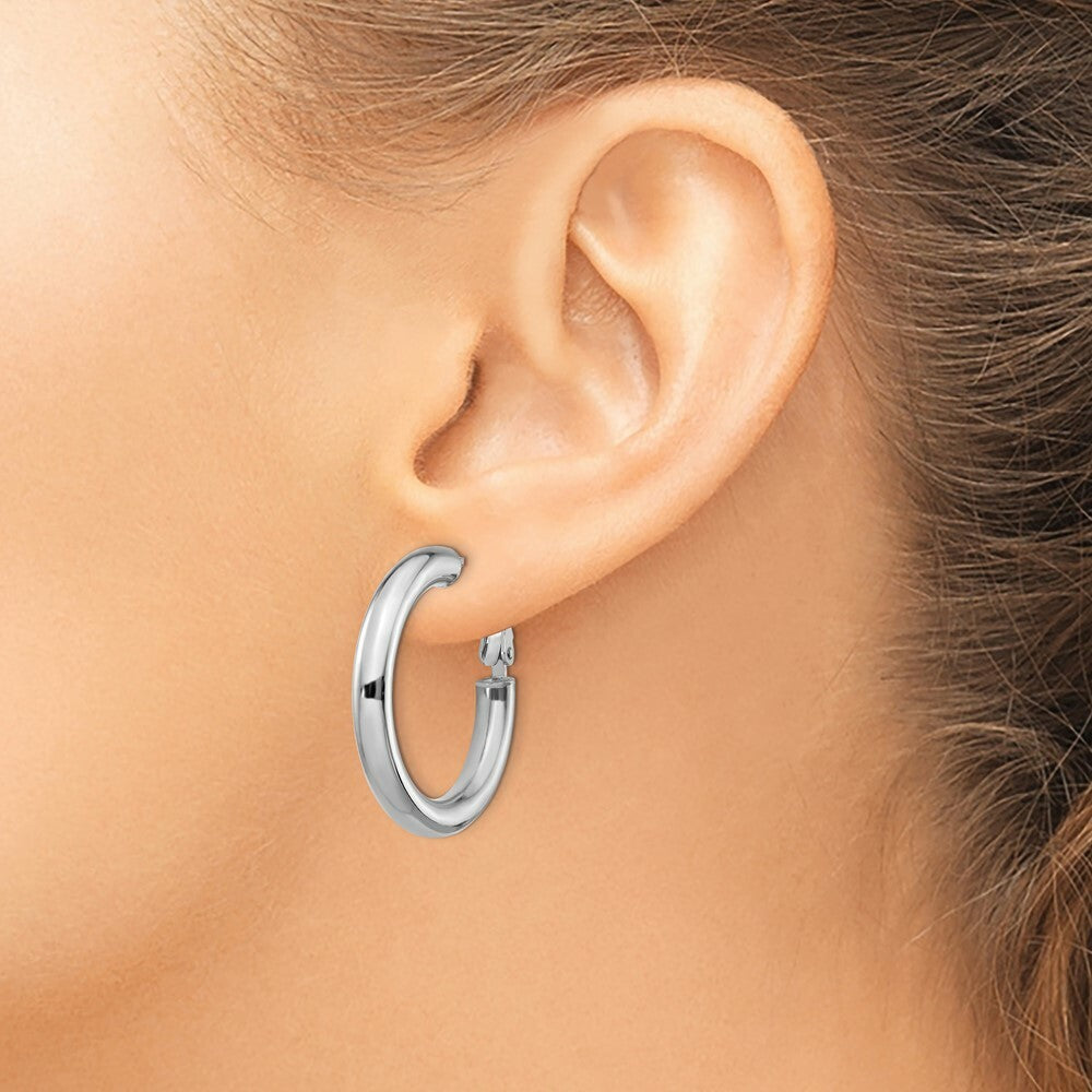 14K White Gold 4x20mm Polished Round Omega Back Hoop Earrings