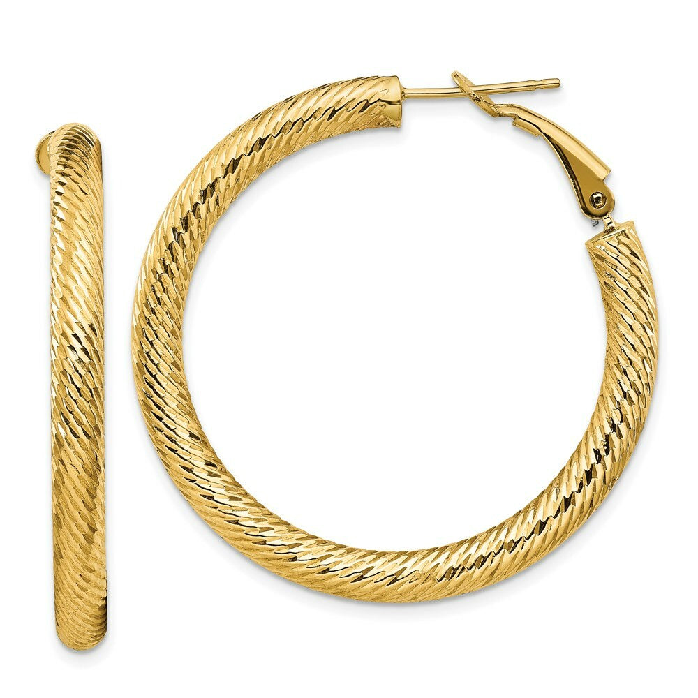 14K Yellow Gold 4x30mm Diamond-cut Round Omega Back Hoop Earrings