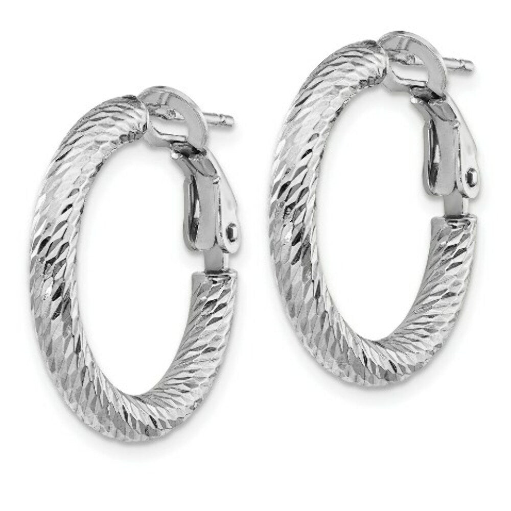 14K 3x15mm White Gold Diamond-cut Round Omega Back Hoop Earrings