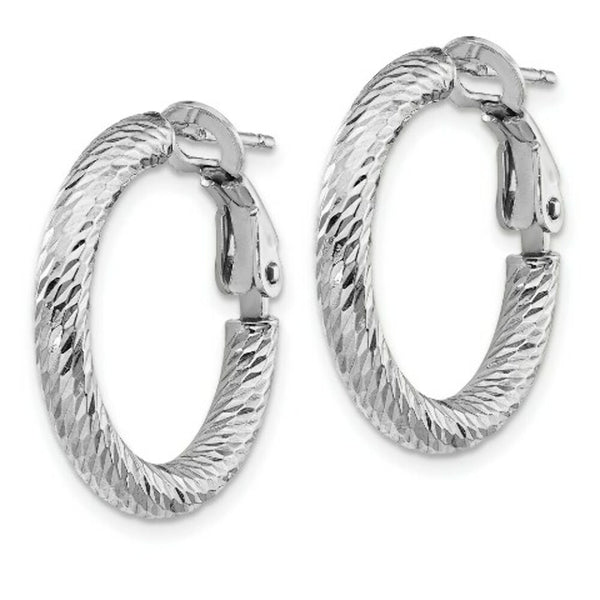 14K 3x15mm White Gold Diamond-cut Round Omega Back Hoop Earrings