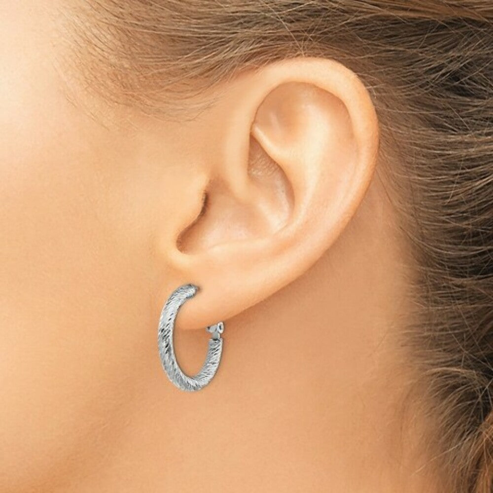 14K 3x15mm White Gold Diamond-cut Round Omega Back Hoop Earrings
