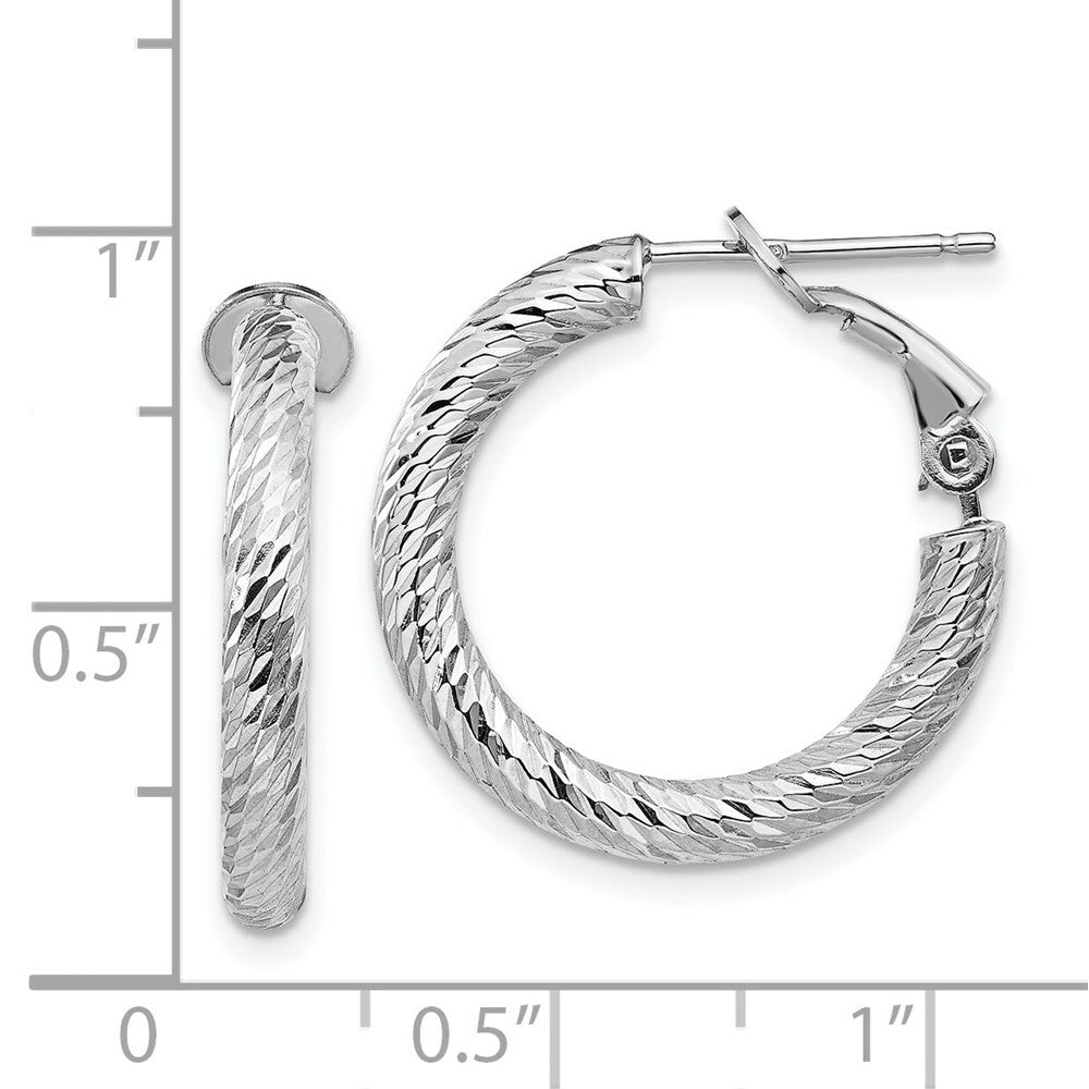 14K 3x15mm White Gold Diamond-cut Round Omega Back Hoop Earrings