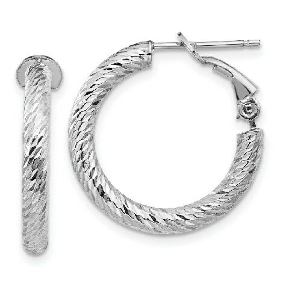 14K 3x15mm White Gold Diamond-cut Round Omega Back Hoop Earrings