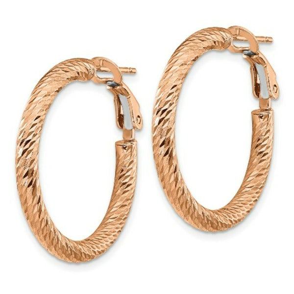 14K 3x20mm Rose Gold Diamond-cut Round Omega Back Hoop Earrings