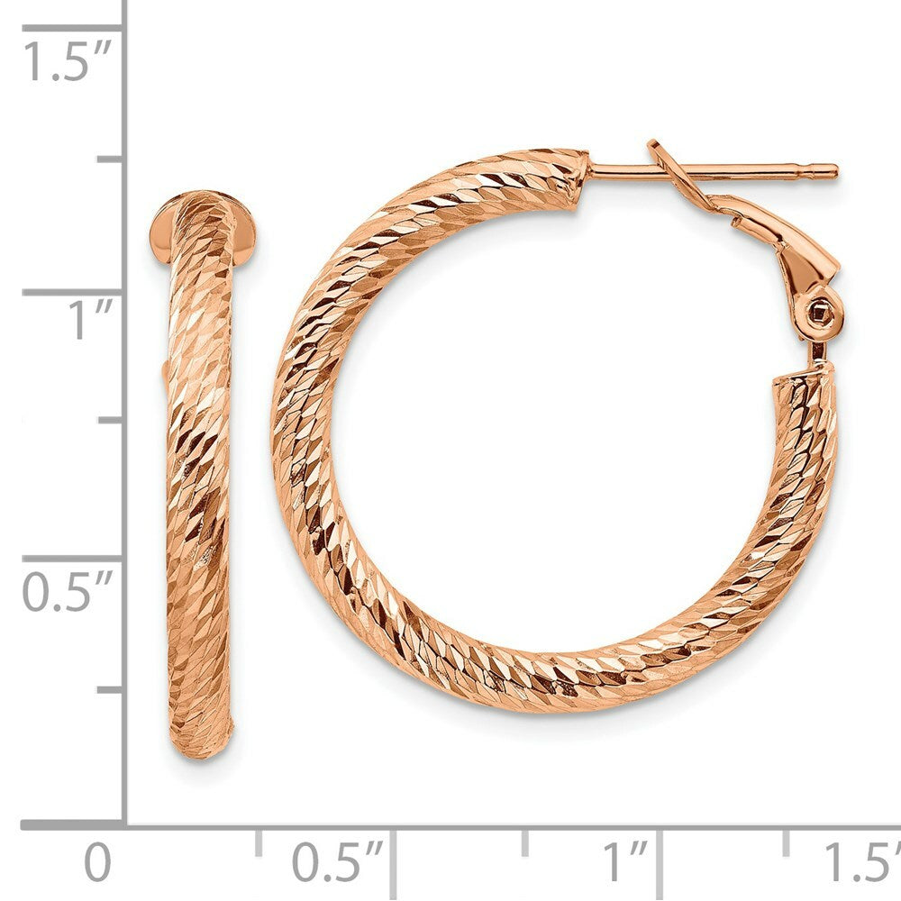 14K 3x20mm Rose Gold Diamond-cut Round Omega Back Hoop Earrings