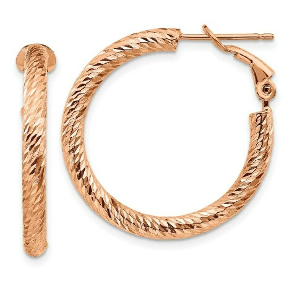 14K 3x20mm Rose Gold Diamond-cut Round Omega Back Hoop Earrings