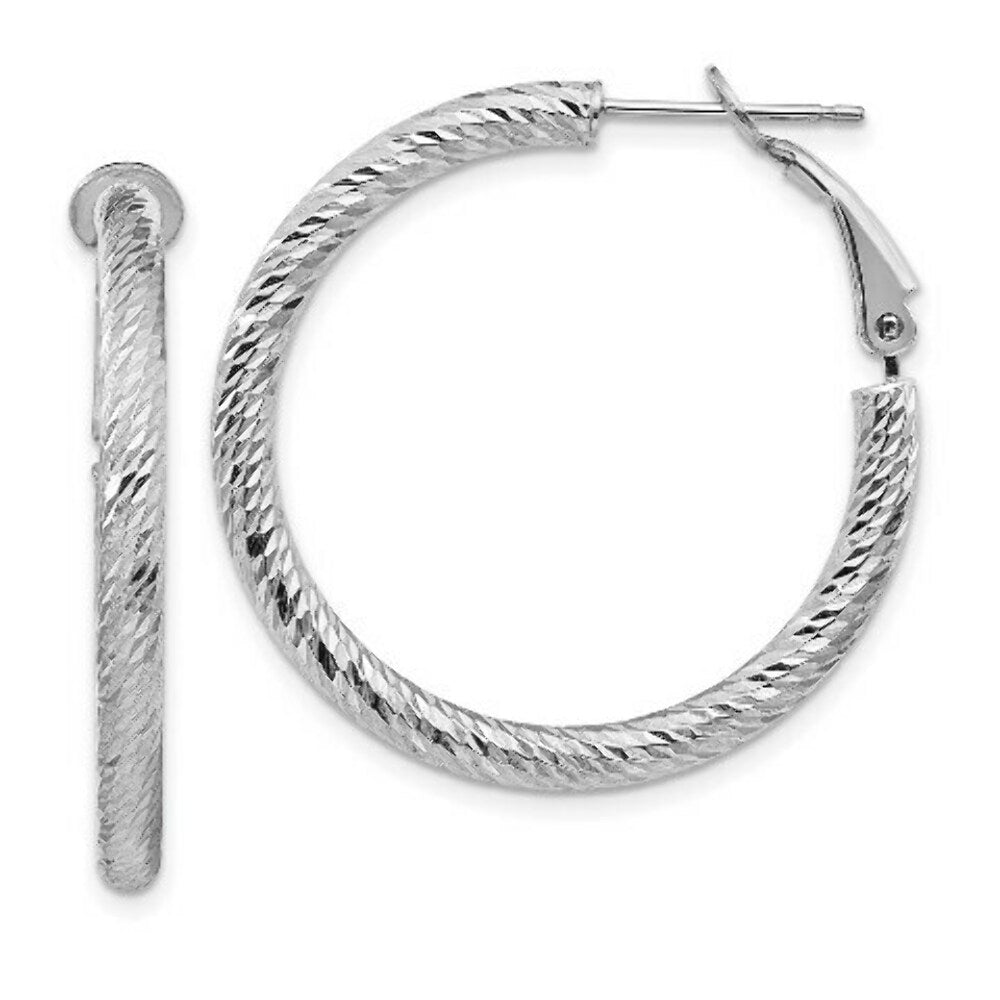 14K 3x25mm White Gold Diamond-cut Round Omega Back Hoop Earrings
