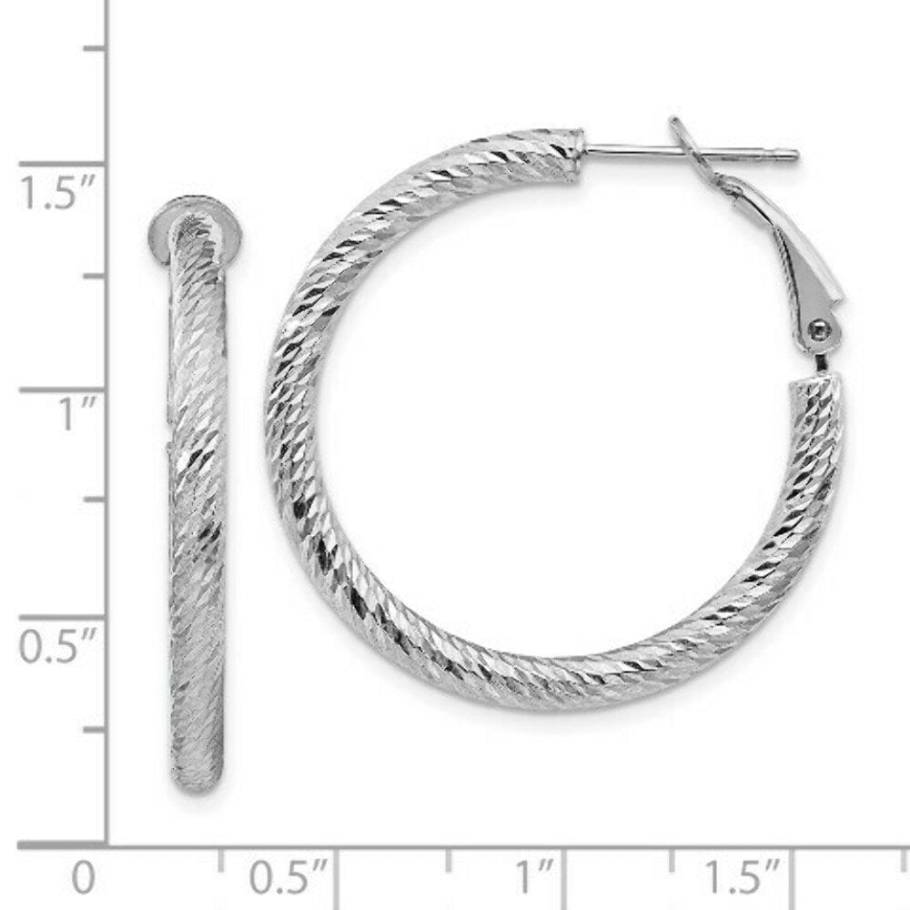 14K 3x25mm White Gold Diamond-cut Round Omega Back Hoop Earrings
