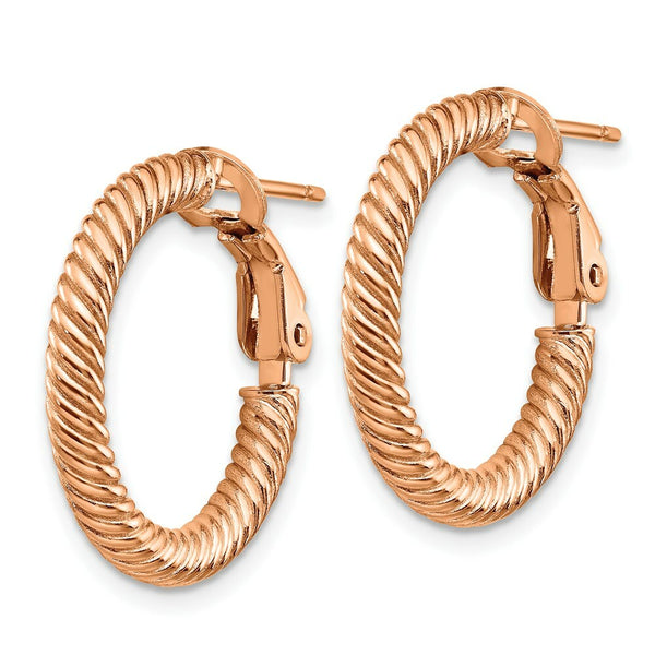 14K 3x15mm Rose Gold Twisted Round Omega Back Hoop Earrings
