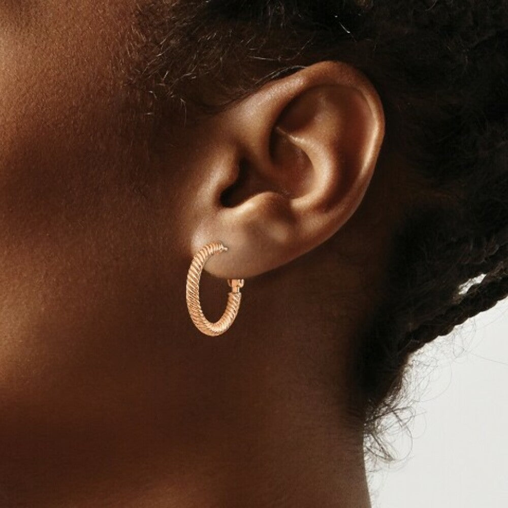 14K 3x15mm Rose Gold Twisted Round Omega Back Hoop Earrings