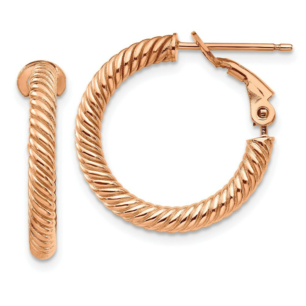 14K 3x15mm Rose Gold Twisted Round Omega Back Hoop Earrings
