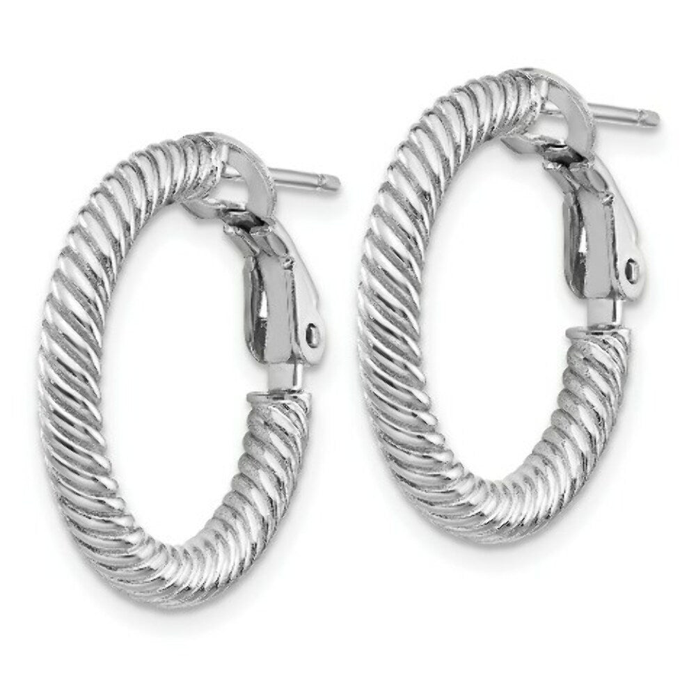 14K 3x15mm White Gold Twisted Round Omega Back Hoop Earrings