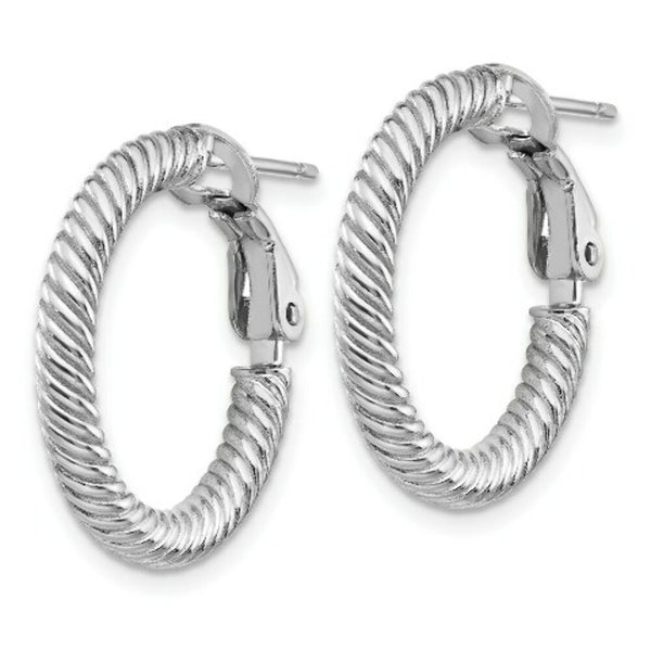 14K 3x15mm White Gold Twisted Round Omega Back Hoop Earrings