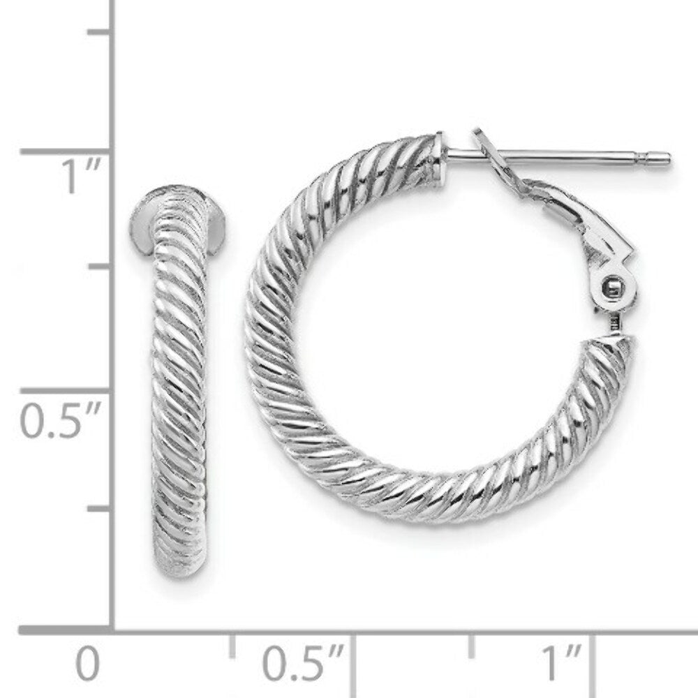 14K 3x15mm White Gold Twisted Round Omega Back Hoop Earrings