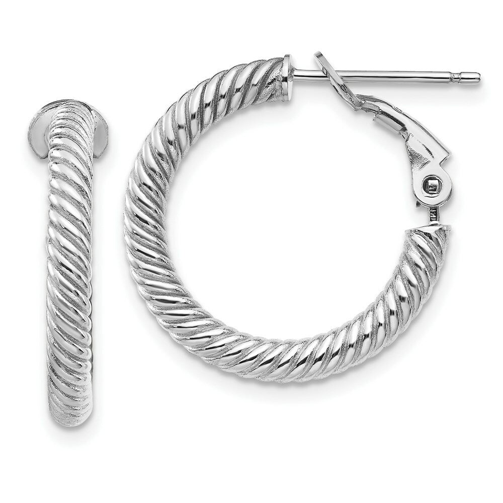 14K 3x15mm White Gold Twisted Round Omega Back Hoop Earrings