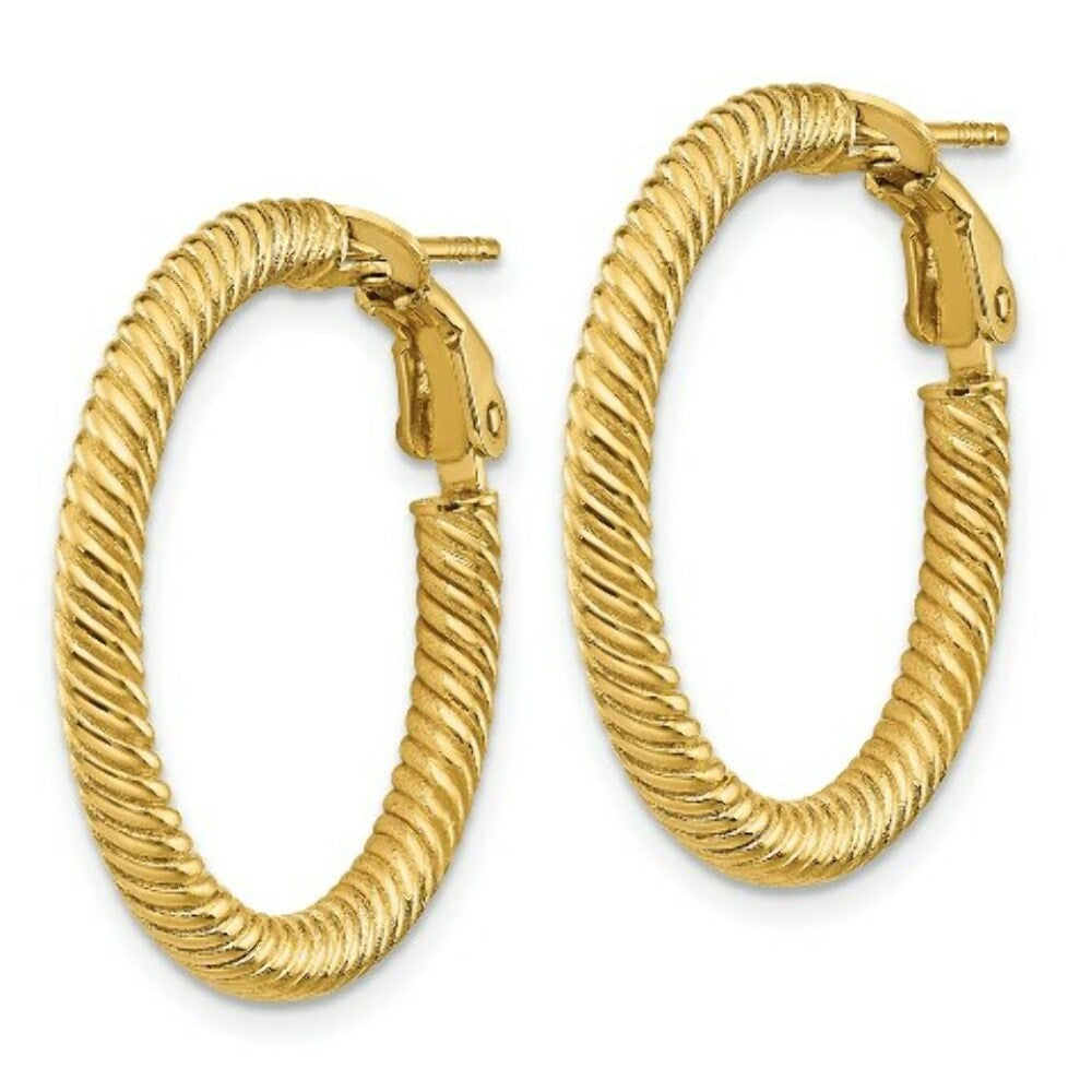 14K Yellow Gold 3x20mm Twisted Round Omega Back Hoop Earrings
