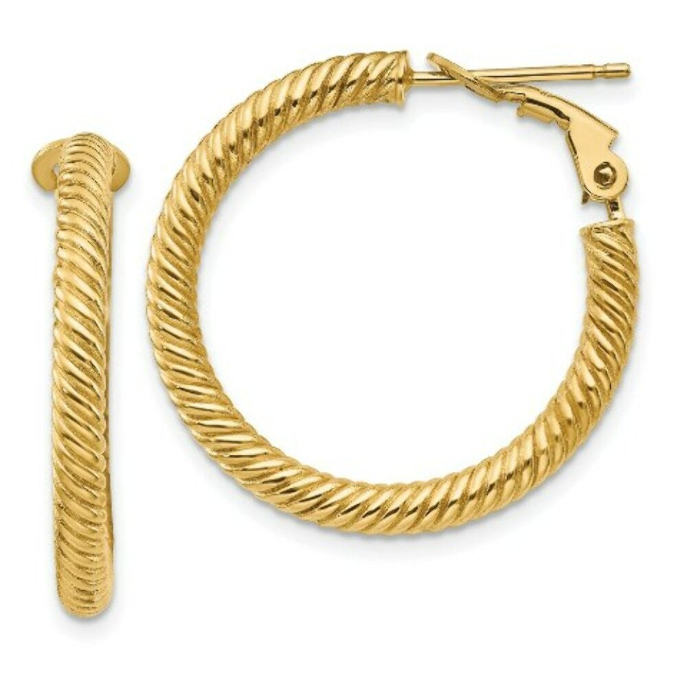14K Yellow Gold 3x20mm Twisted Round Omega Back Hoop Earrings