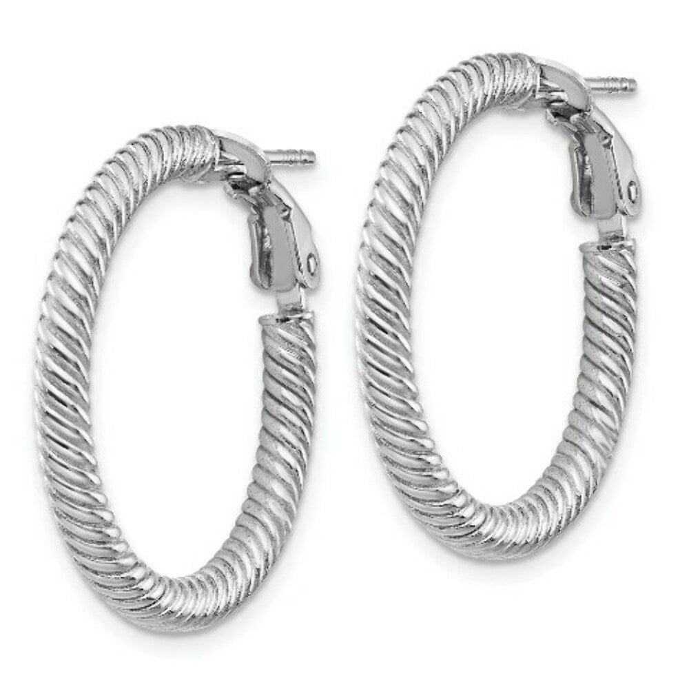 14K 3x20mm White Gold Twisted Round Omega Back Hoop Earrings