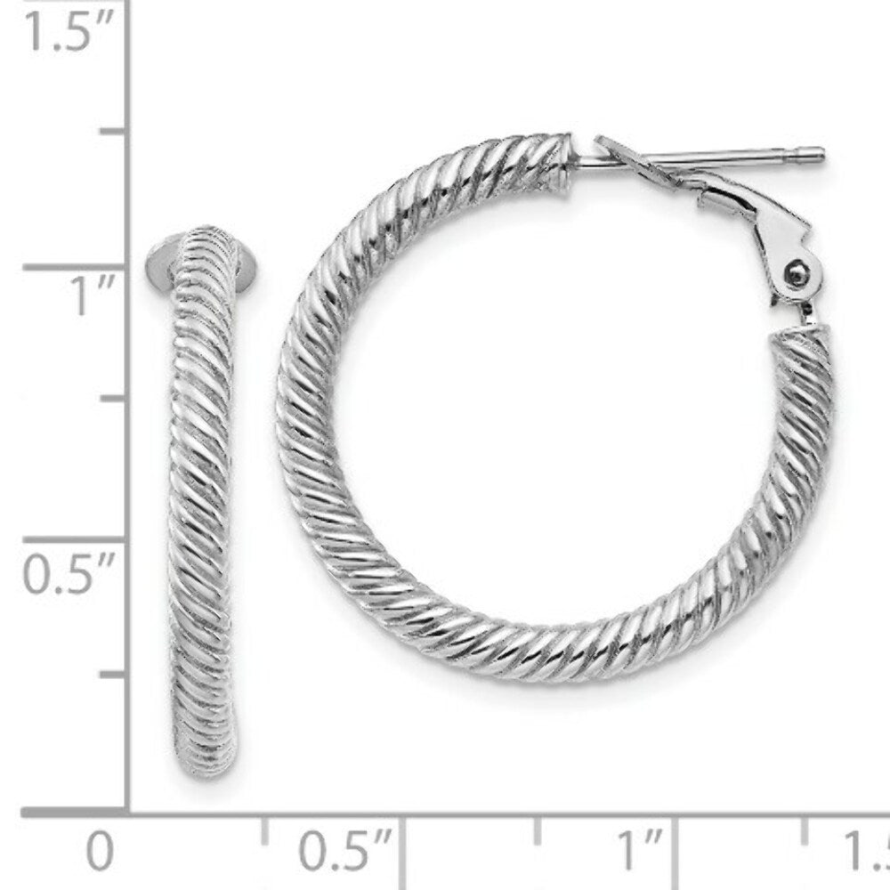 14K 3x20mm White Gold Twisted Round Omega Back Hoop Earrings