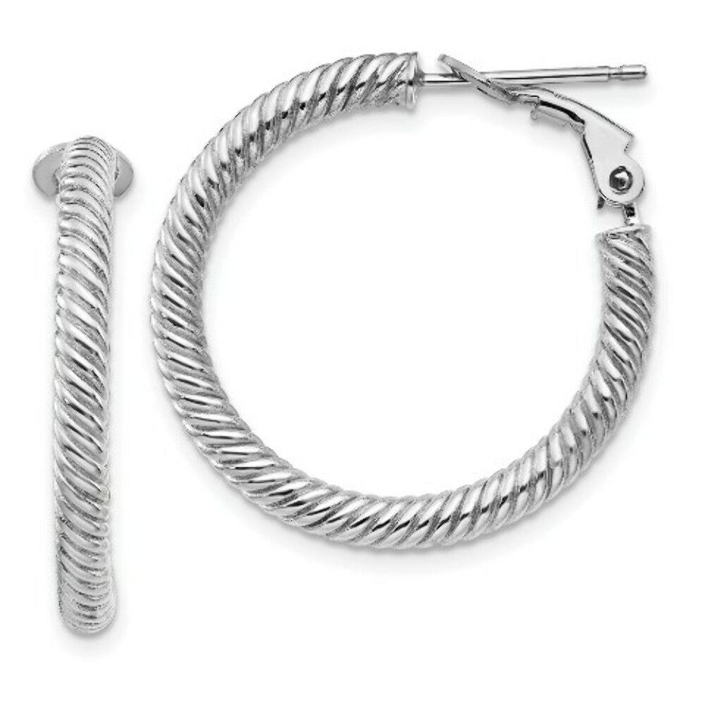 14K 3x20mm White Gold Twisted Round Omega Back Hoop Earrings