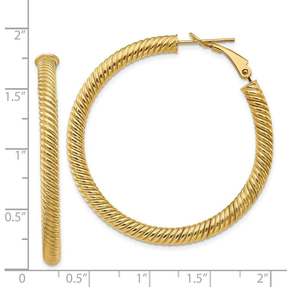 14K Yellow Gold 4x35mm Twisted Round Omega Back Hoop Earrings