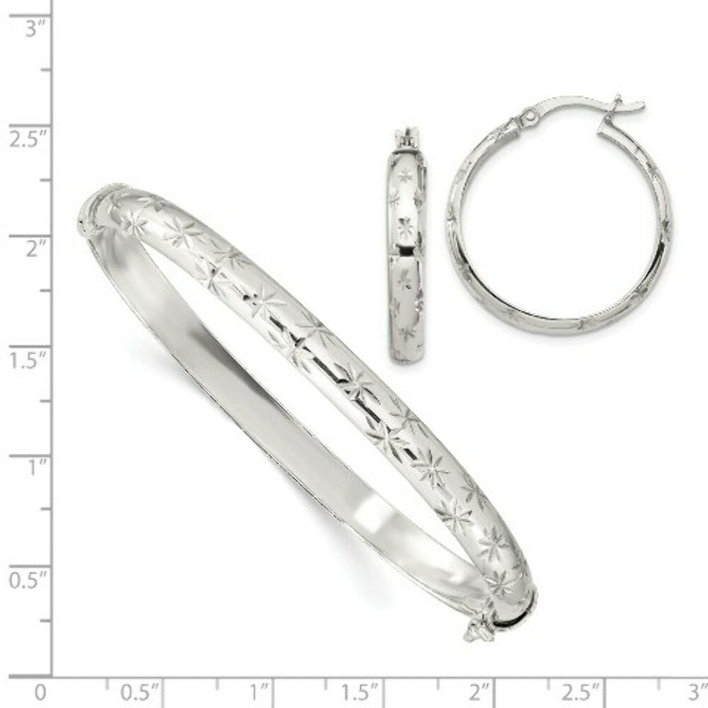 Sterling Silver Diamond-cut 6mm Bangle and 4mm Hoop Earring Set