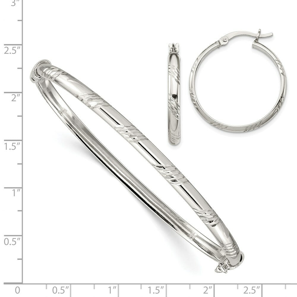 Sterling Silver Diamond-cut 4mm Bangle and 3mm Hoop Earring Set