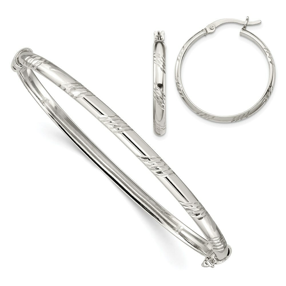 Sterling Silver Diamond-cut 4mm Bangle and 3mm Hoop Earring Set
