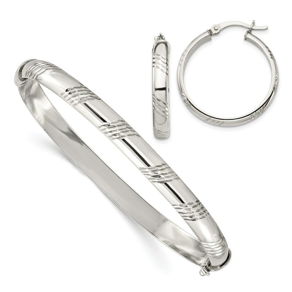 Sterling Silver Diamond-cut 6mm Bangle and 4mm Hoop Earring Set