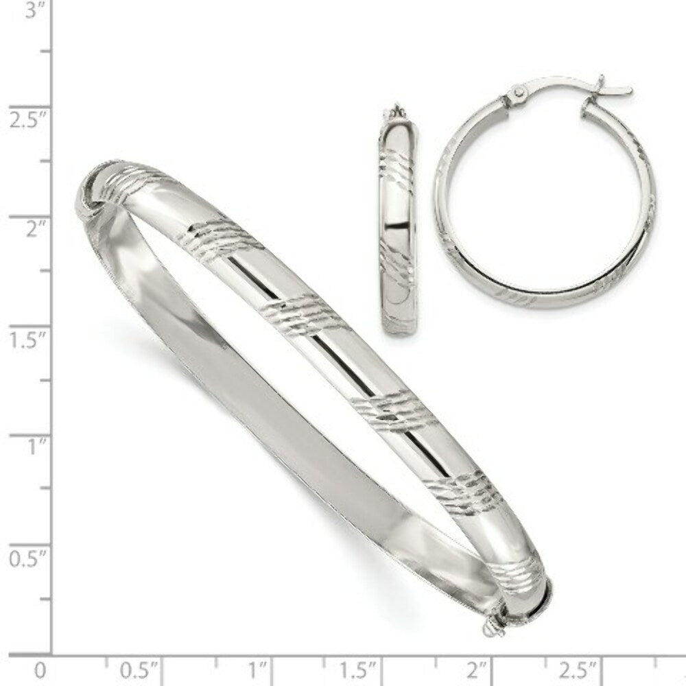 Sterling Silver Diamond-cut 6mm Bangle and 4mm Hoop Earring Set