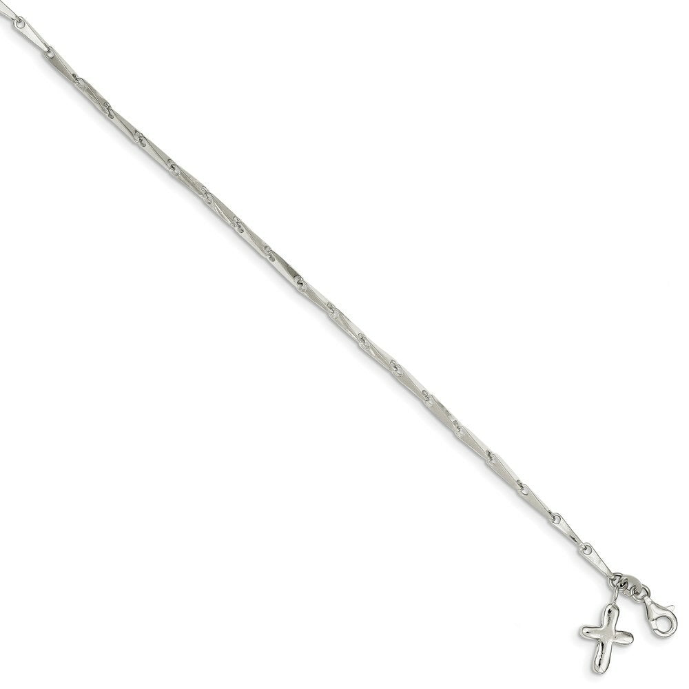 Sterling Silver Solid Polished Cross on Fancy Link Anklet 10'' length