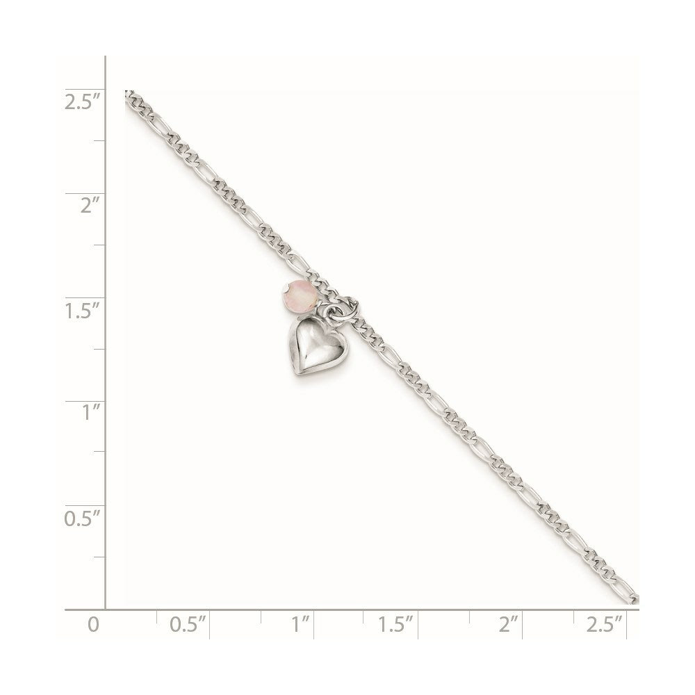 Sterling Silver Cherry Quartz and Dangling Hearts on Figaro Link Anklet 10'' length