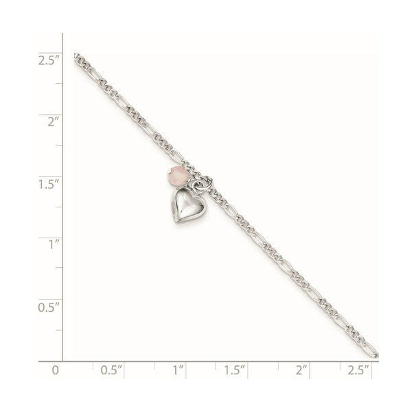 Sterling Silver Cherry Quartz and Dangling Hearts on Figaro Link Anklet 10'' length