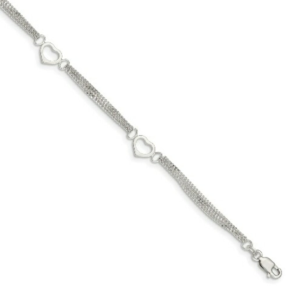Sterling Silver Cherry Quartz and Dangling Hearts on Figaro Link Anklet 10'' length