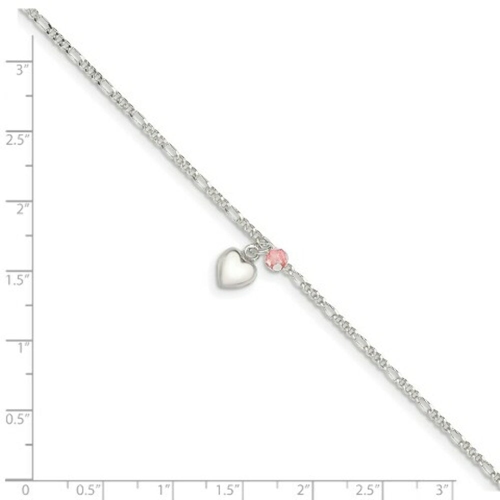 Sterling Silver Cherry Quartz and Dangling Hearts on Figaro Link Anklet 10'' length