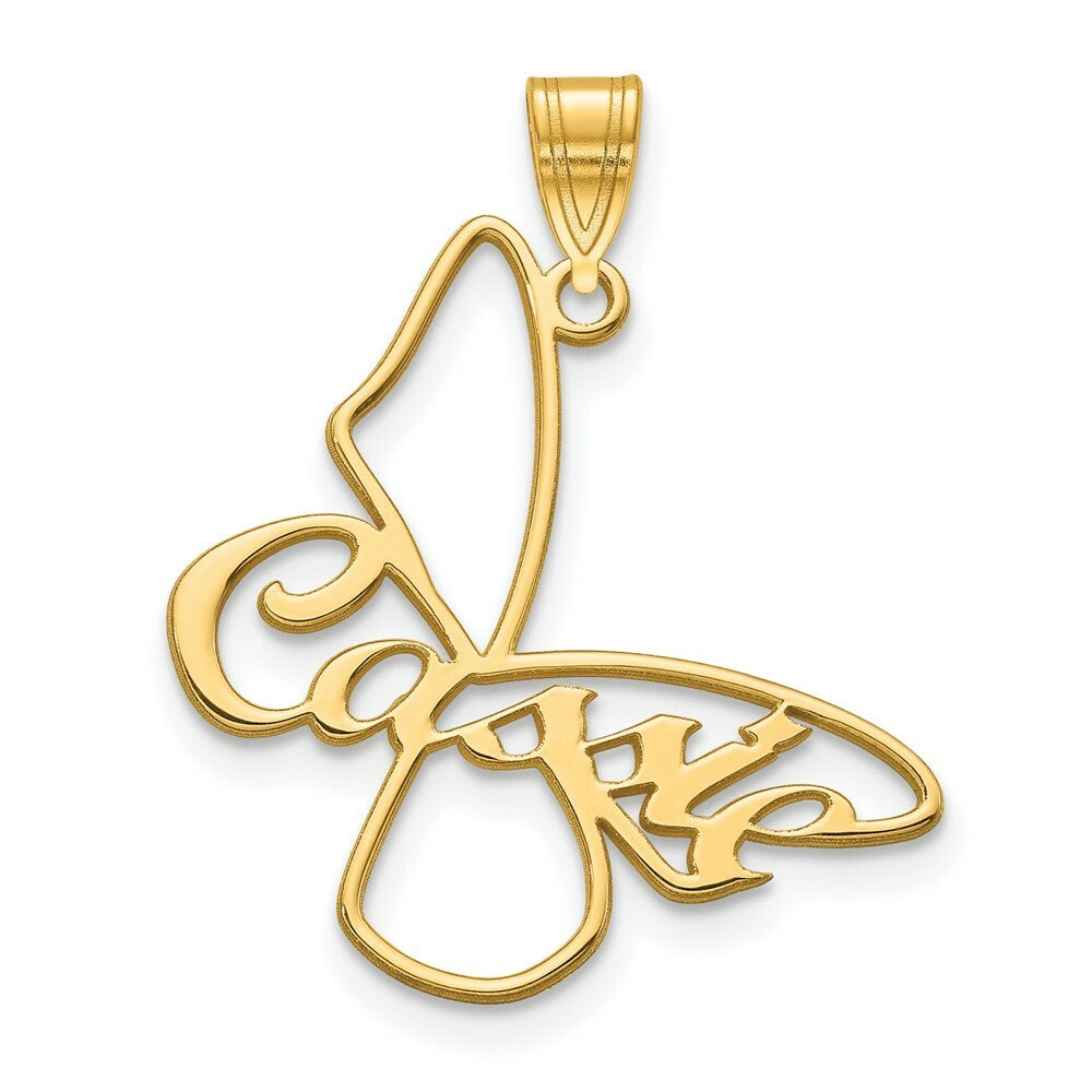 Roy Rose Jewelry Personalized Custom Made Outline Butterfly with Cursive Name on Wing Small Pendant in Solid 10K Yellow Gold with Option of Your Choice of 16" or 18" Chain Necklace