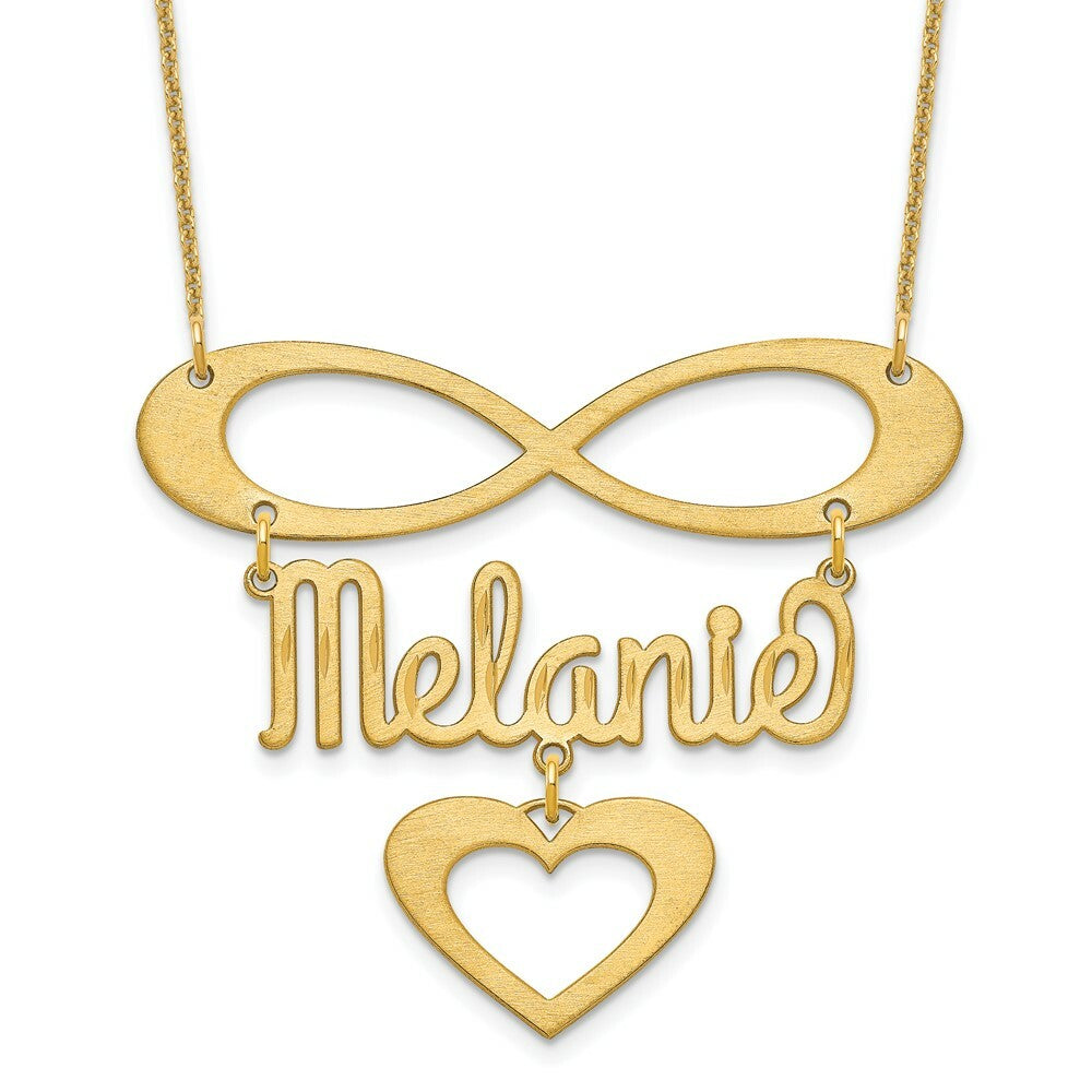 Roy Rose Jewelry Custom Made Infinity Necklace Personalized with Name, 42mm Size Pendant (1.65" inches) with Dangle Heart, in 10K Yellow Gold and Optional 16", 18", or 20" Chain Necklace