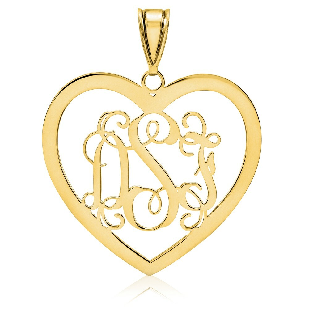 Roy Rose Jewelry 10K Yellow Gold Custom Personalized Script Letters Open Heart Shape Monogram 1 1/4" Size Pendant