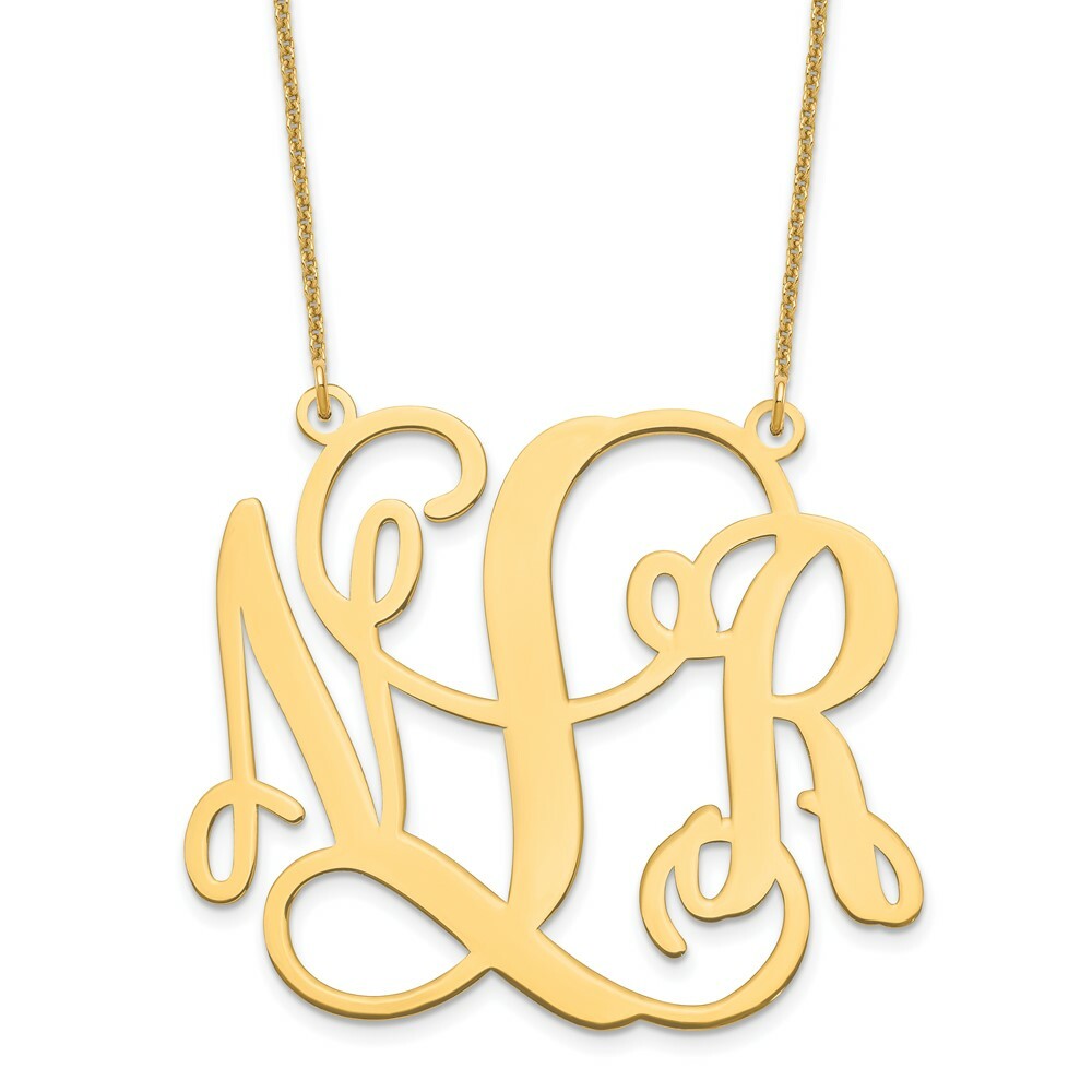 10K Yellow Gold Custom Personalized Outlined Monogram Necklace with 1 5/8" inch Wide Pendant 18" Chain