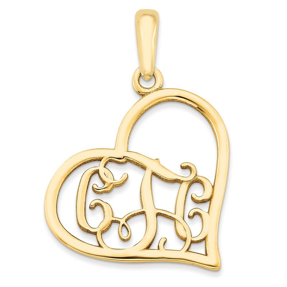 Roy Rose Jewelry 10K Yellow Gold Custom Personalized Script Letters Open Tilted Heart Shape Monogram 3/4" Size Pendant