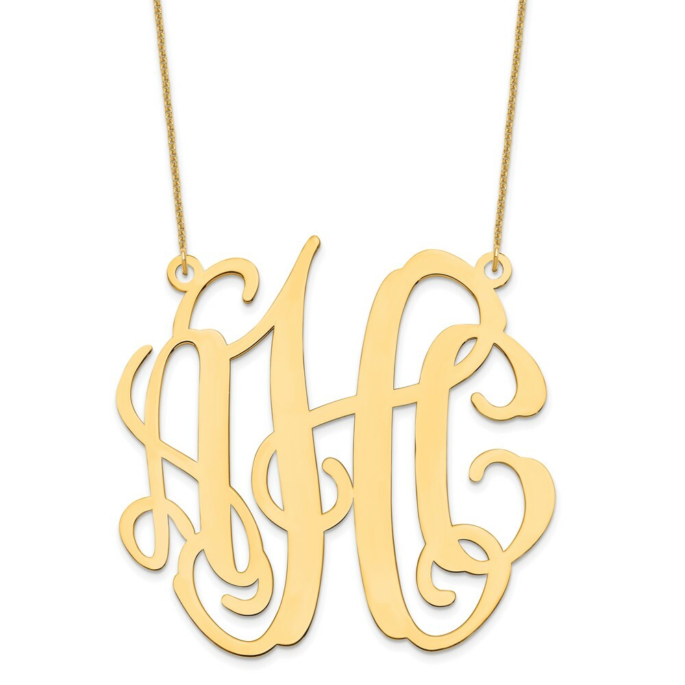 10K Yellow Gold Custom Personalized Monogram Necklace with Large 2" inches Wide Pendant 18" Chain